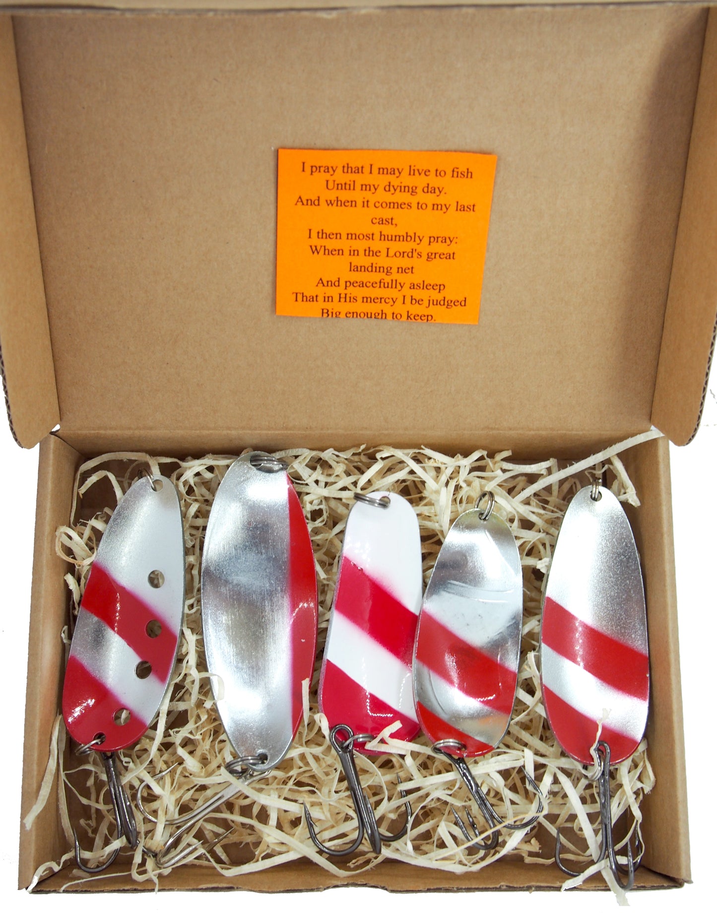 norther pike fishing spoons, classic fishing spoons, hand painted lures for pike fishing, bass tackle , 5 pieces of fishing spoon in a giftbox