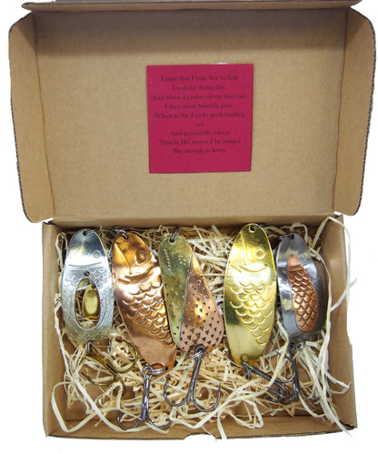 classic fishing spoon set 5pcs, handmade fishing spoon set, gold pike spoons, copper salmon lure with treble hook