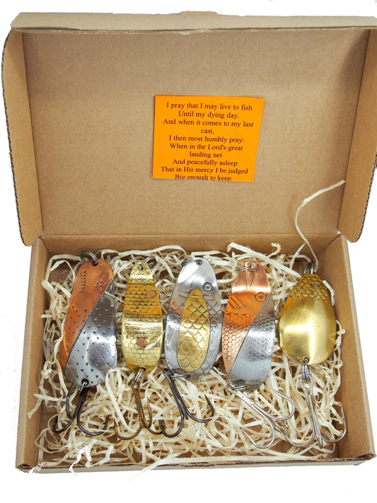 Classic handmade Fishing Spoon Gift Set, brass Lures for Pike & Salmon, ZUMPE fishing spoons 5 pcs