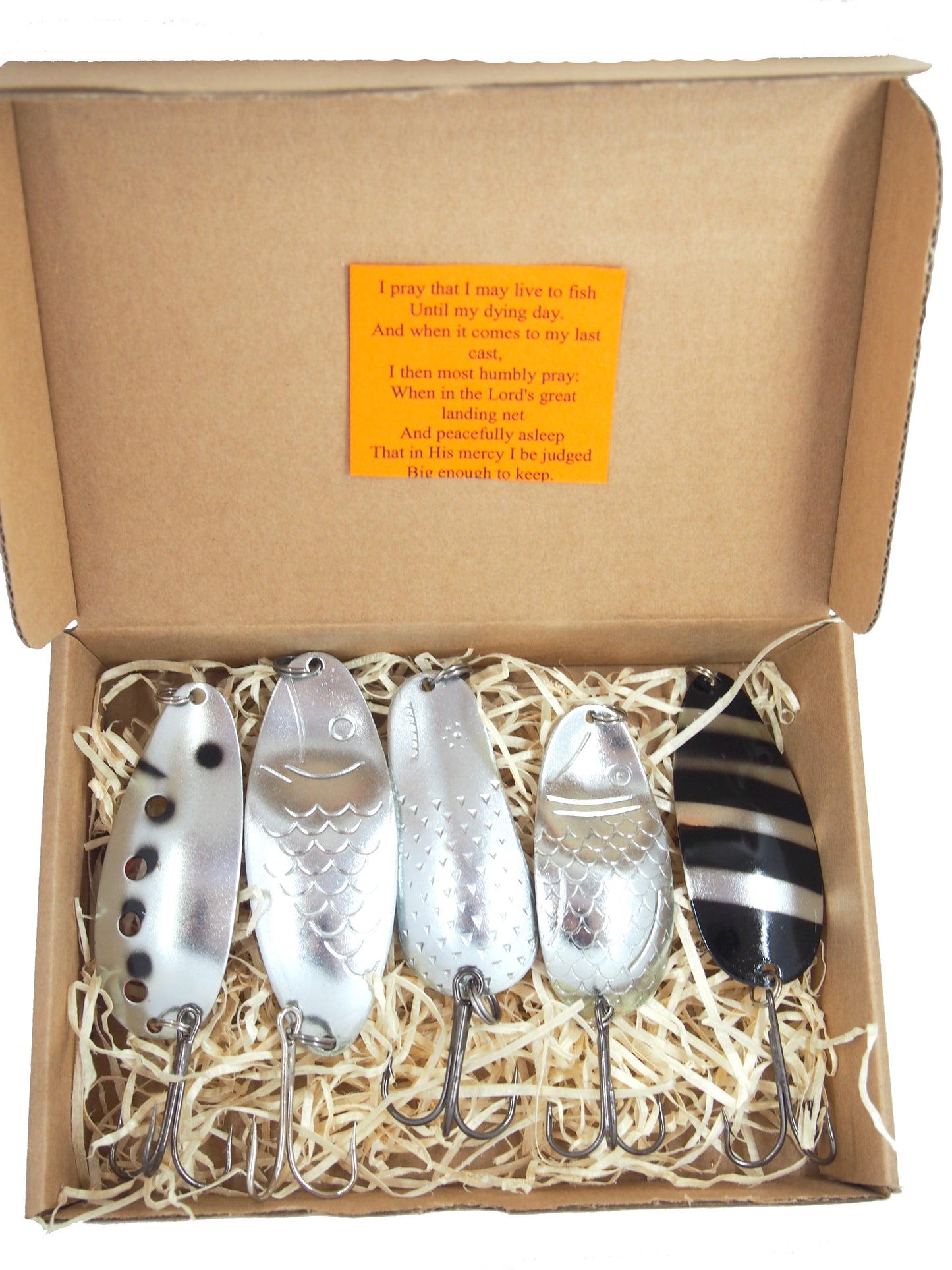 norther pike fishing spoons, classic fishing spoons, hand painted lures for pike fishing, bass tackle , 5 pieces of fishing spoon in a giftbox