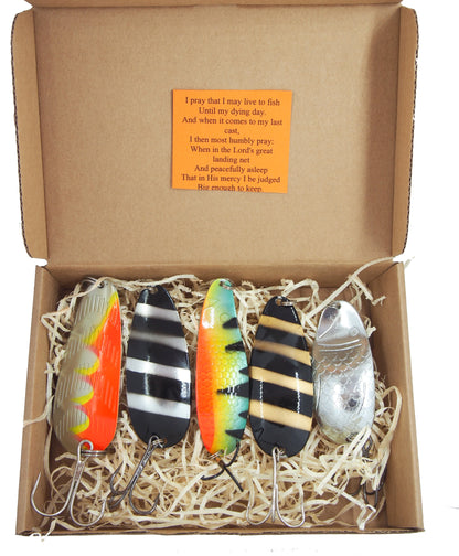 fishing spoon set, metal fishing spoons, pike lures, pike tackle, trout lures, zumpe fishing spoons