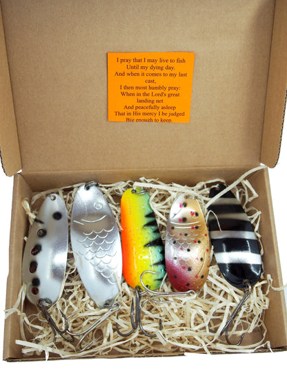 norther pike fishing spoons, classic fishing spoons, hand painted lures for pike fishing, bass tackle , 5 pieces of fishing spoon in a giftbox