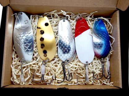 pike fishing spoons, classic fishing lure set for bass fishing, old-school lure set in a gift box