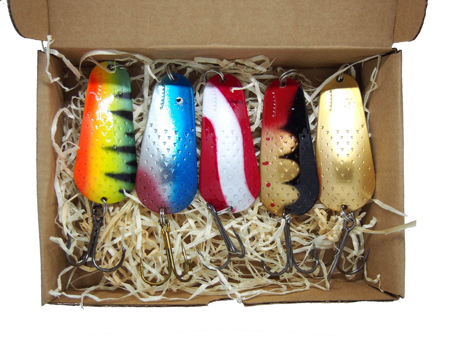 fishing spoon set, metal fishing spoons, salmon lures, pike tackle, trout lures