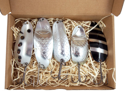 norther pike fishing spoons, classic fishing spoons, hand painted lures for pike fishing, bass tackle , 5 pieces of fishing spoon in a giftbox