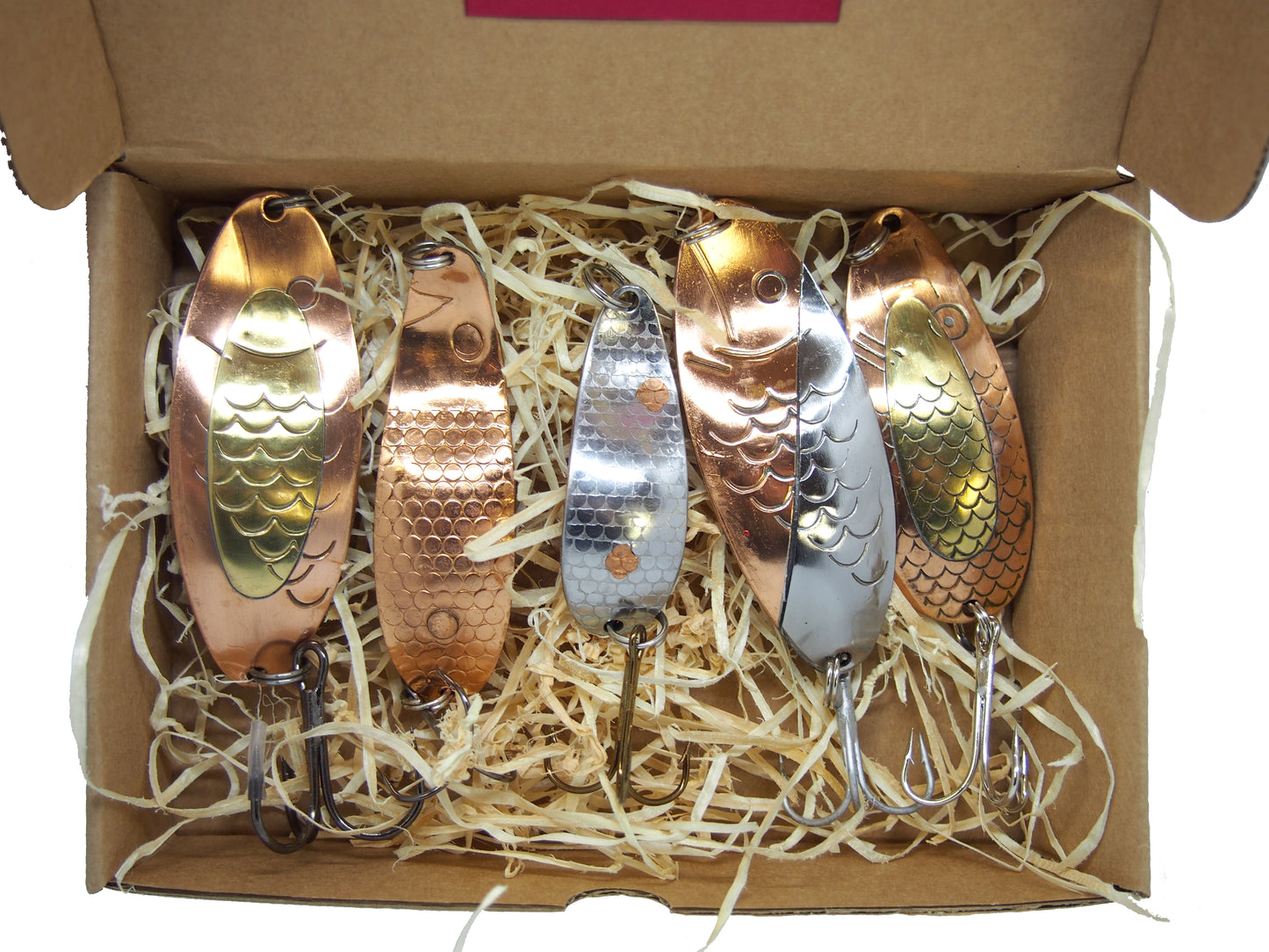 large pike spoon set, handmade fishing spoons, gold salmon spoons, bass lure copper with treble hook, 5 pieces