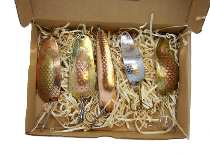 classic fishing spoon set, handmade fishing spoons, gold pike spoons, salmon lure copper with treble hook, 5 pieces