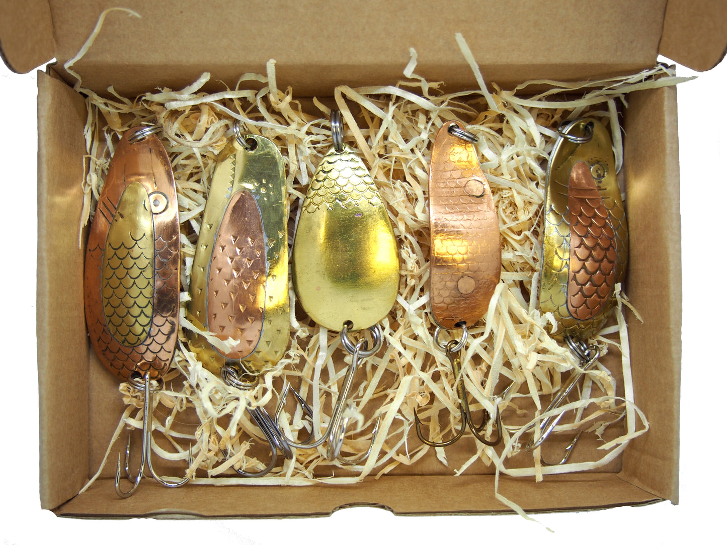 classic fishing spoon set, handmade fishing spoons, gold pike spoons, salmon lure copper with treble hook, 5 pieces