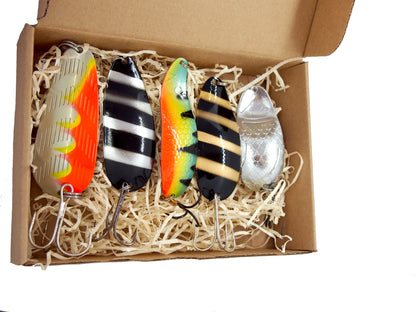 fishing spoon set, metal fishing spoons, pike lures, pike tackle, trout lures, zumpe fishing spoons