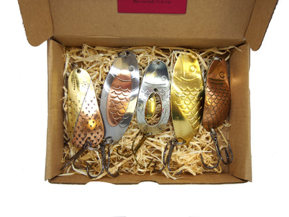 pike fishing spoon set, handmade fishing spoons, gold pike spoons, salmon lure copper with treble hook, 5 pieces