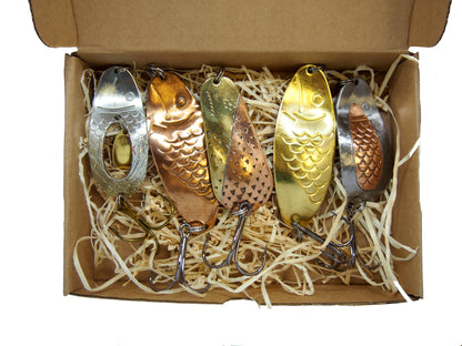 classic fishing spoon set 5pcs, handmade fishing spoon set, gold pike spoons, copper salmon lure with treble hook