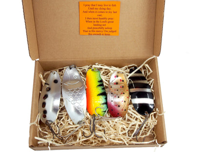 norther pike fishing spoons, classic fishing spoons, hand painted lures for pike fishing, bass tackle , 5 pieces of fishing spoon in a giftbox