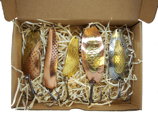classic fishing spoon set, handmade fishing spoons, gold pike spoons, salmon lure copper with treble hook, 5 pieces