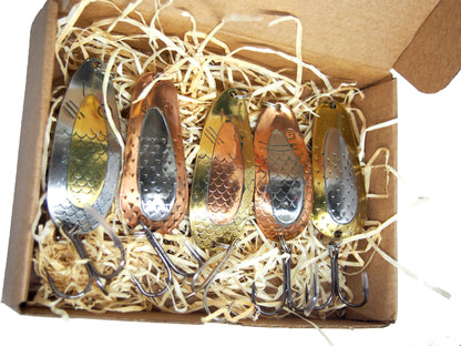 classic fishing spoon set 5pcs, handmade fishing spoon set, gold pike spoons, copper salmon lure with treble hook