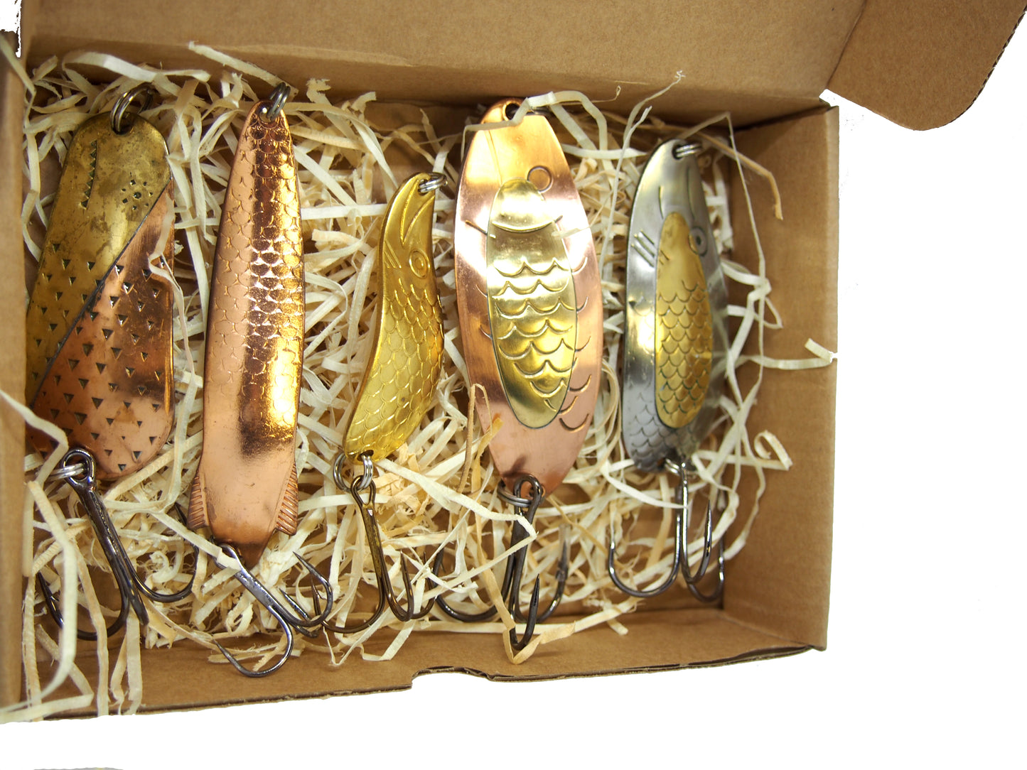 classic fishing spoon set, handmade fishing spoons, gold pike spoons, salmon lure copper with treble hook, 5 pieces