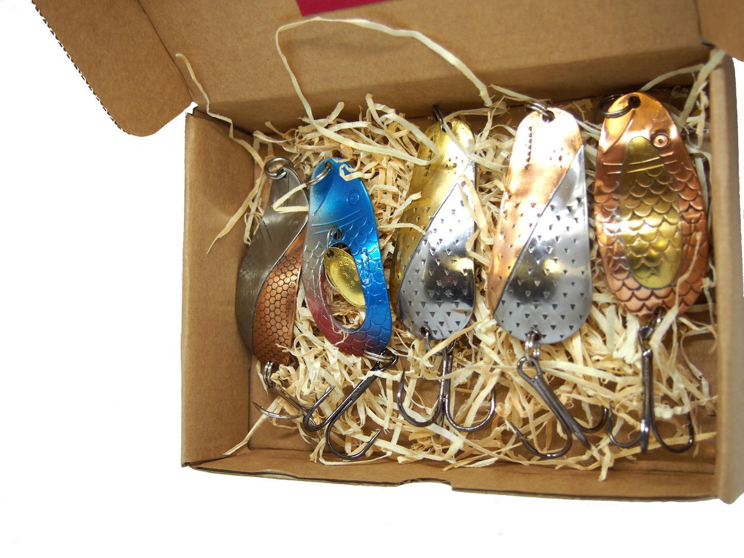 Traditional fishing spoon set, five-piece handmade fishing spoon set, gold pike spoons, copper salmon lure with treble hook