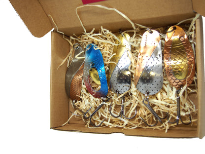 Traditional fishing spoon set, five-piece handmade fishing spoon set, gold pike spoons, copper salmon lure with treble hook