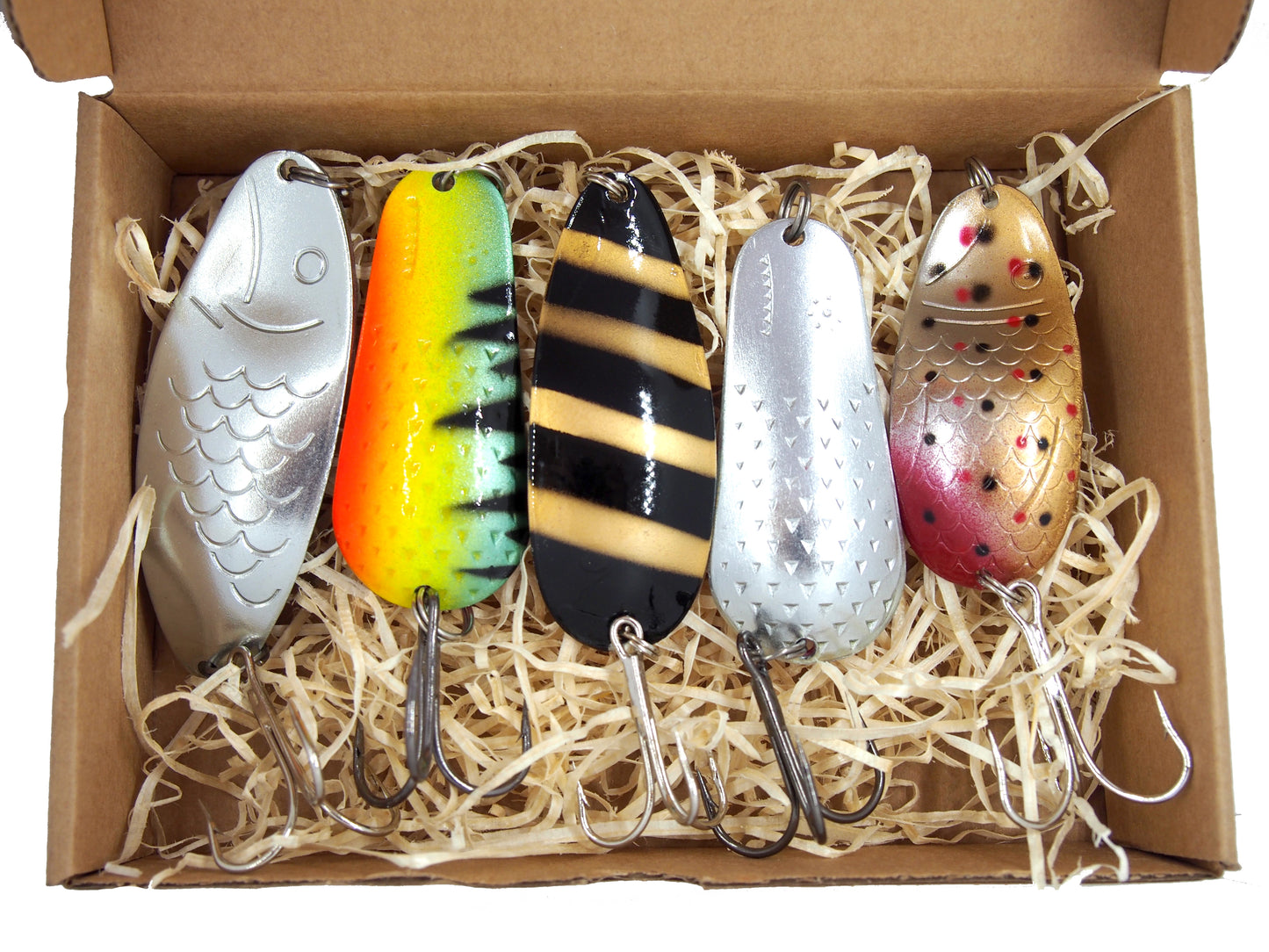 fishing spoon set 5pcs fishing spoons, pike spoon, hand-painted salmon lure with treble hook,High-Quality Fishing Spoons