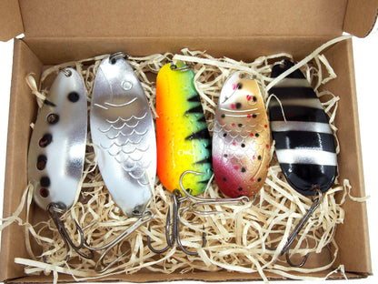 norther pike fishing spoons, classic fishing spoons, hand painted lures for pike fishing, bass tackle , 5 pieces of fishing spoon in a giftbox
