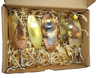 handmade fishing spoon lures, casting spoon for pike, bass fishing spoons in a gift box 5 pieces