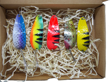 fishing spoon set, metal fishing spoons, salmon lures, pike tackle, trout lures