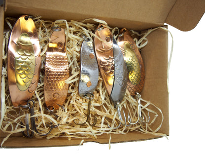 large pike spoon set, handmade fishing spoons, gold salmon spoons, bass lure copper with treble hook, 5 pieces