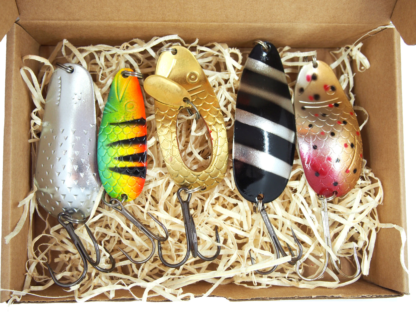 fishing spoon set, metal fishing spoons, salmon lures, pike tackle, trout lures