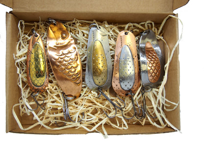 pike fishing spoon set, handmade fishing spoons, gold pike spoons, salmon lure copper with treble hook, 5 pieces