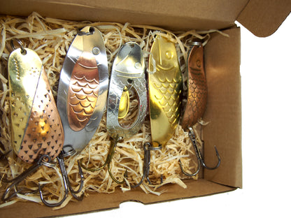 pike fishing spoon set, handmade fishing spoons, gold pike spoons, salmon lure copper with treble hook, 5 pieces