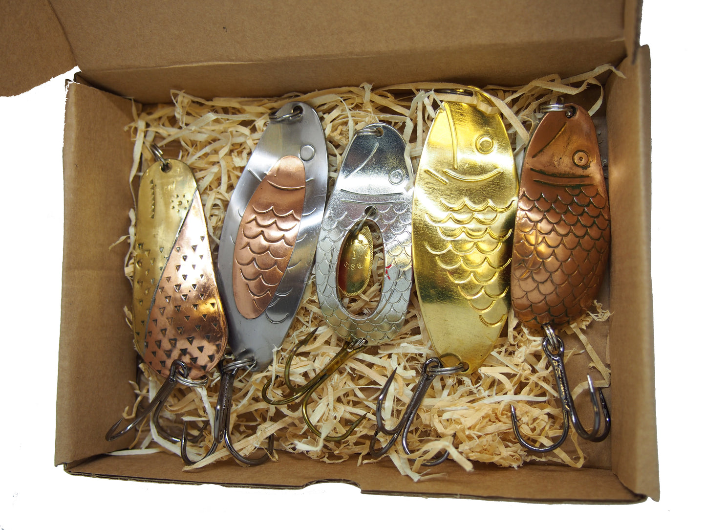 pike fishing spoon set, handmade fishing spoons, gold pike spoons, salmon lure copper with treble hook, 5 pieces