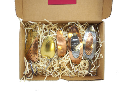 classic salmon spoon set, handmade fishing spoons, gold pike spoons, pike lure copper with treble hook, 5 pieces
