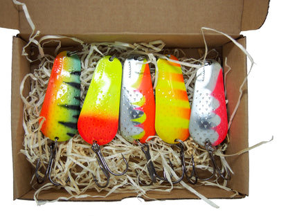 set of bright colour fishing spoons for pike and perch 5 pieces