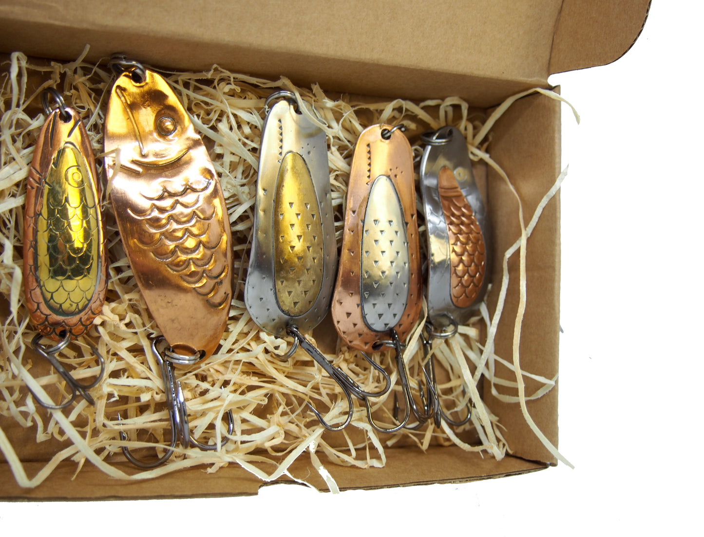 pike fishing spoon set, handmade fishing spoons, gold pike spoons, salmon lure copper with treble hook, 5 pieces