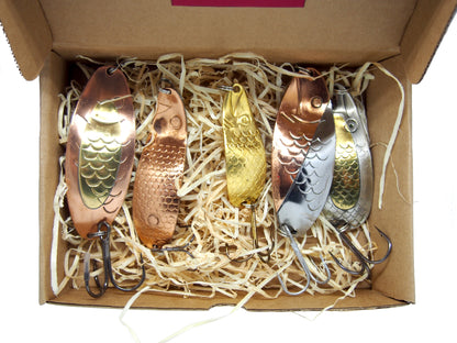Handmade fishing spoon,  copper pike spoon lures, fishing spoons for bass, brass lures, gold lures in a box 5 pieces