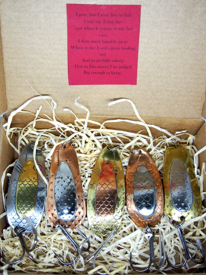 handmade fishing spoons, copper pike spoons, handcrafted brass lure, spinner box