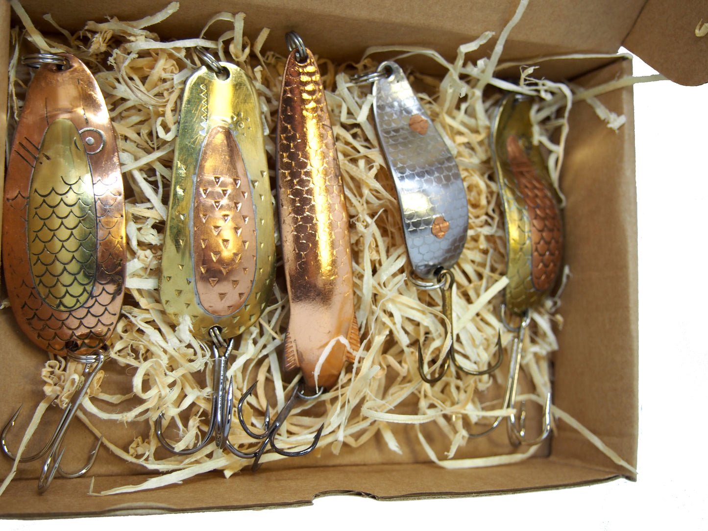 classic fishing spoon set, handmade fishing spoons, gold pike spoons, salmon lure copper with treble hook, 5 pieces