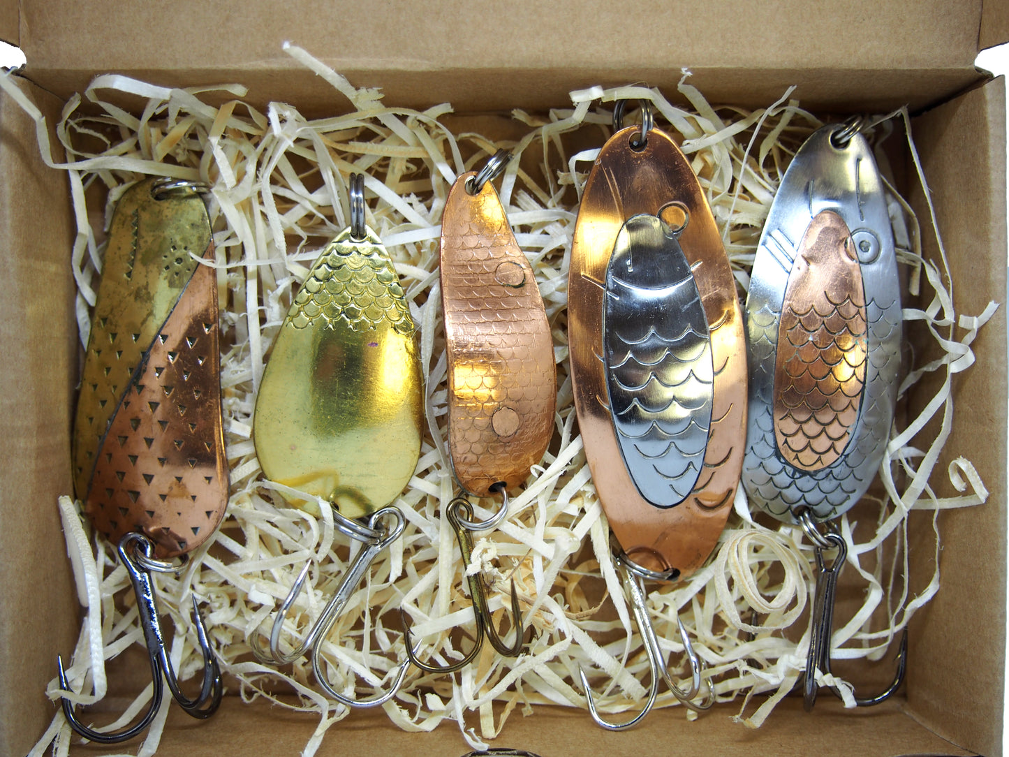 classic salmon spoon set, handmade fishing spoons, gold pike spoons, pike lure copper with treble hook, 5 pieces