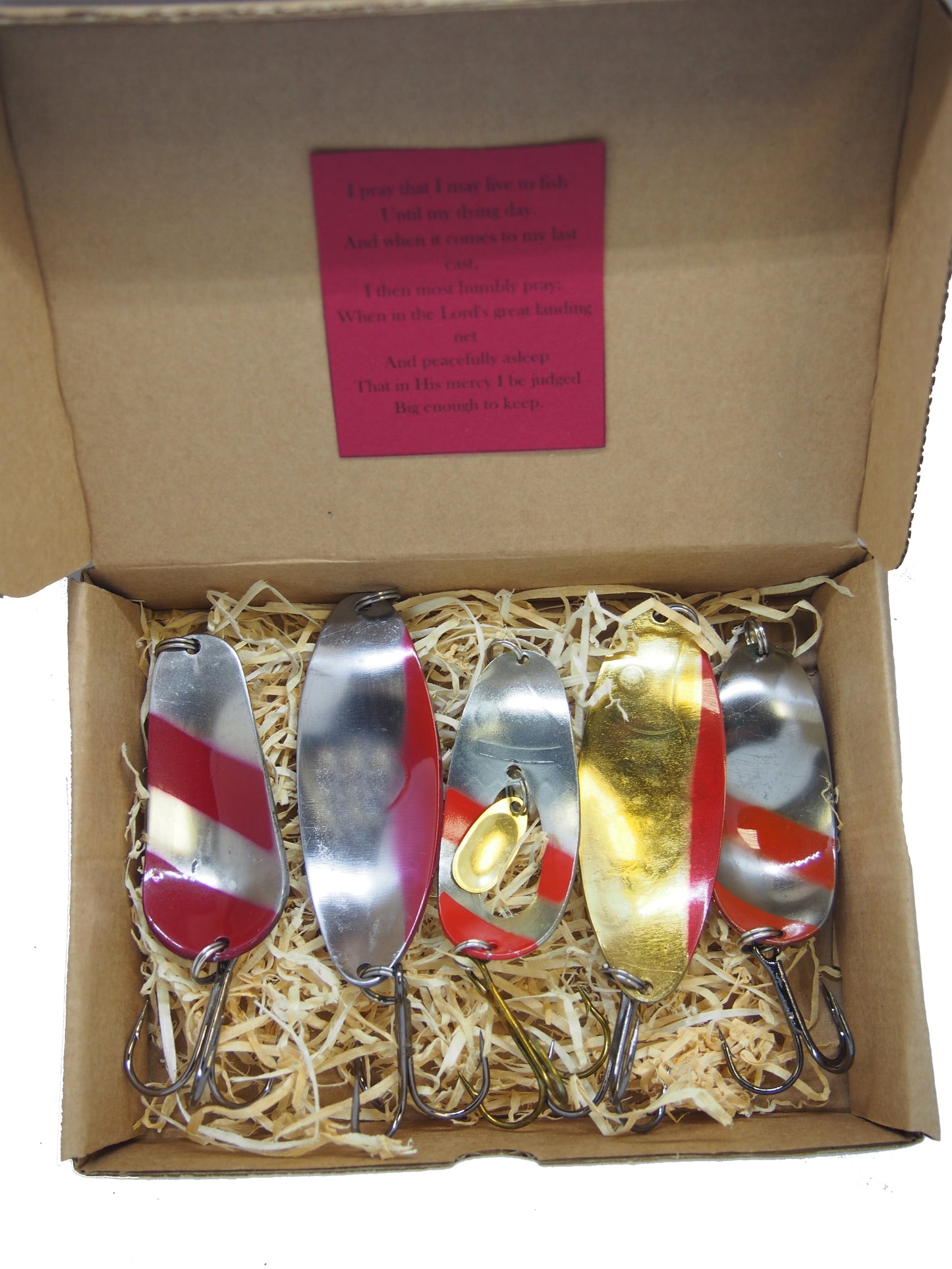 pike fishing spoon set, handmade fishing spoons, gold pike spoons, salmon lure copper with treble hook, 5 pieces