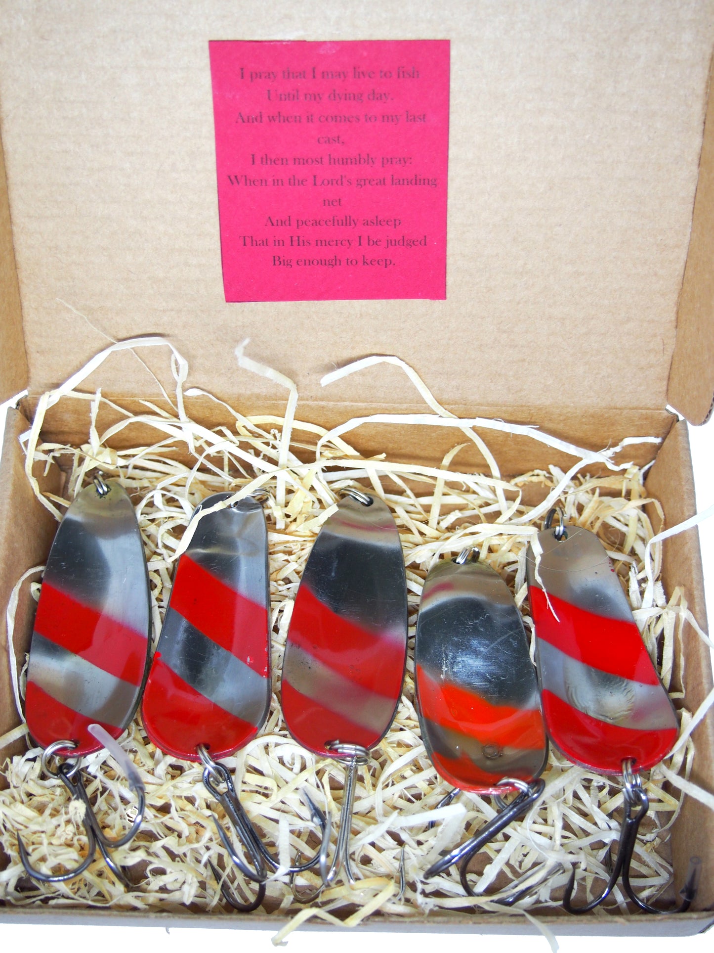 handmade fishing spoons, copper pike spoons, handcrafted brass lure, spinner box