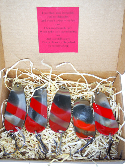 handmade fishing spoons, copper pike spoons, handcrafted brass lure, spinner box