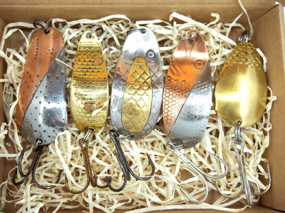 Classic handmade Fishing Spoon Gift Set, brass Lures for Pike & Salmon, ZUMPE fishing spoons 5 pcs