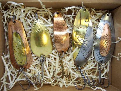 pike fishing spoon set, handmade fishing spoons, gold pike spoons, salmon lure copper with treble hook, 5 pieces