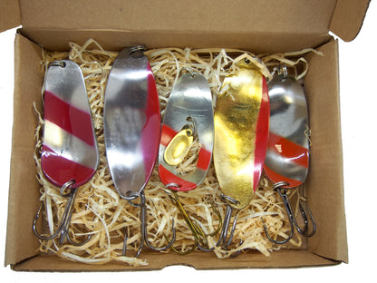 pike fishing spoon set, handmade fishing spoons, gold pike spoons, salmon lure copper with treble hook, 5 pieces