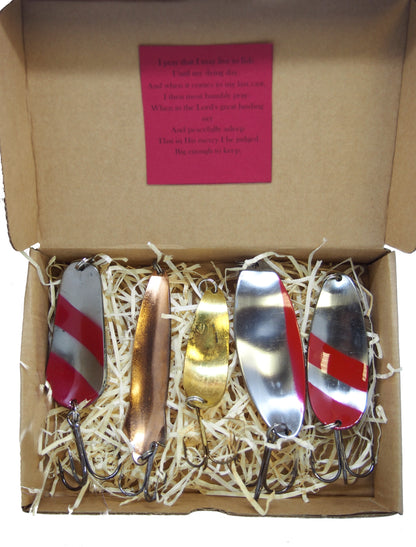 classic fishing spoon set, handmade fishing spoons, gold pike spoons, salmon lure copper with treble hook, 5 pieces