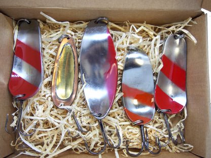 classic fishing spoon set 5pcs, handmade fishing spoon set, gold pike spoons, copper salmon lure with treble hook