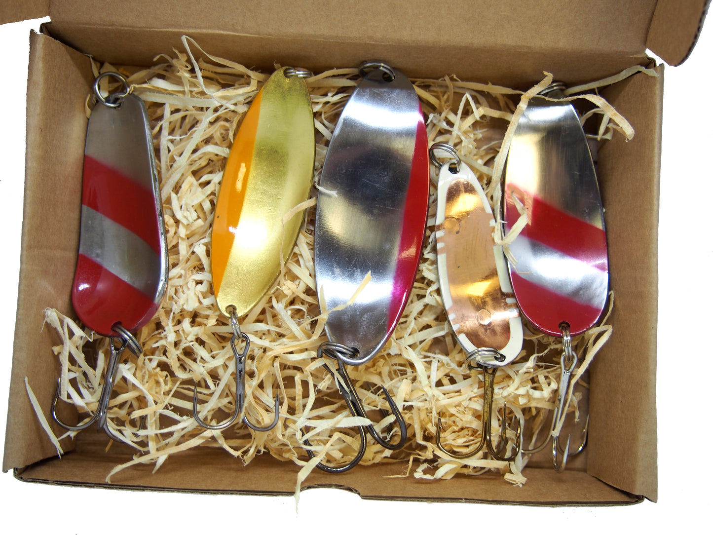 classic fishing spoon set, handmade fishing spoons, gold pike spoons, salmon lure copper with treble hook, 5 pieces