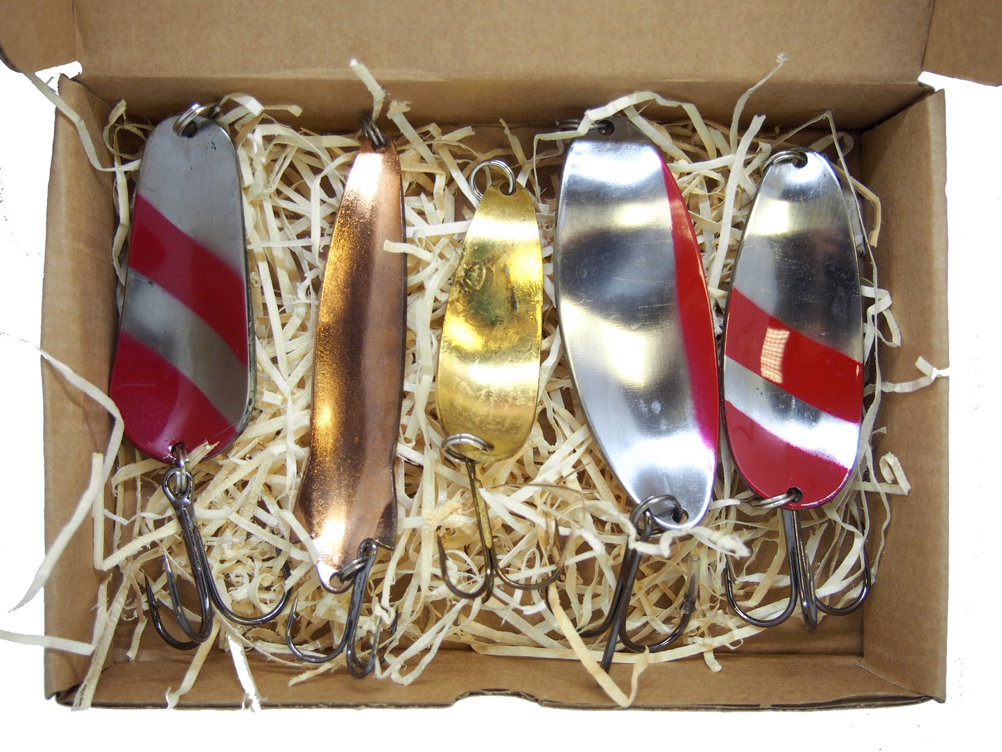 classic fishing spoon set, handmade fishing spoons, gold pike spoons, salmon lure copper with treble hook, 5 pieces