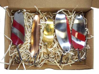 classic fishing spoon set, handmade fishing spoons, gold pike spoons, salmon lure copper with treble hook, 5 pieces