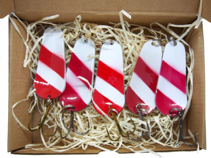 set of bright colour fishing spoons for pike and perch 5 pieces