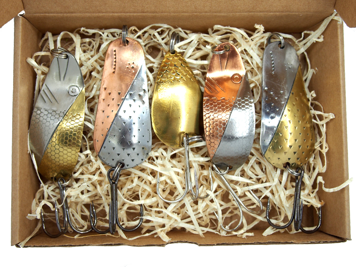 fishing spoons lures in gift box  , 5 pieces of handmade fishing spoons
